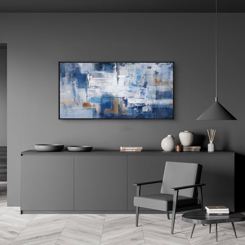 KLAKLA Blue Abstract Canvas Wall Art - Black Frame Artwork Picture Living Room Wall Decor Modern Paintings Large Wall Art for Bedroom Home Decoration - color: Blue-White-Gray + Black frame, size: 40"L x 20"W