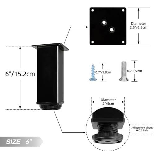 QLLY 6 inch Square Adjustable Metal Furniture Legs, Heavy Duty Black Cabinet Feet with Leveling Pads, Set of 4 for Sofa, Couch, Ottoman, Cabinet and Shelf Replacement - color: Black, size: 6 inch