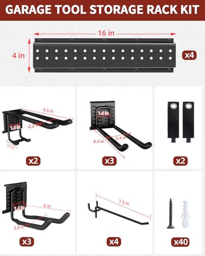Garage Tool Organizer Wall Mount, 64in Tool Rack, 560LBS Capacity - size: 64" 4 Panels & 12 Hooks