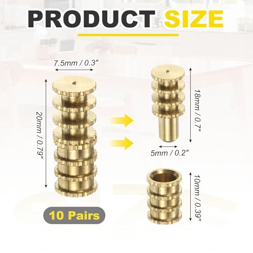 PATIKIL Table Leaf Dowel Pin 7.5x20mm, 10 Pack Brass Table Bolt Sleeve Connectors Top Leaf Alignment Pins for Furniture Desk, Golden - size: 7.5x20mm