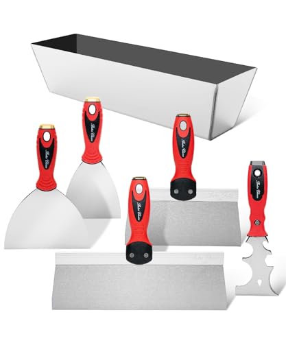 Bates Drywall Knife Set - 6pcs, Finishing Tools with Mud Pan & Spackle Knives - color: Red
