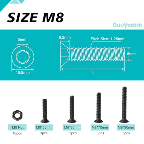 30PCS M8 x 50mm 60mm 70mm 80mm, Flat Head Hex Socket Cap Screws Countersunk Bolts Nuts Kit, 10.9 Grade Alloy Steel, Black Oxide Finish, Metric Allen Drive, Fully Threaded - size: M8x50/60/70/80mm