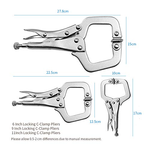 Anxingo 3 Pack Heavy Duty C-Clamp Locking Pliers Set (6" Swivel + 9" Swivel + 11" Swivel Tips) C Clamps with Swivel Pads for Craftsmen Home Workshop - size: 6" + 9" + 11"