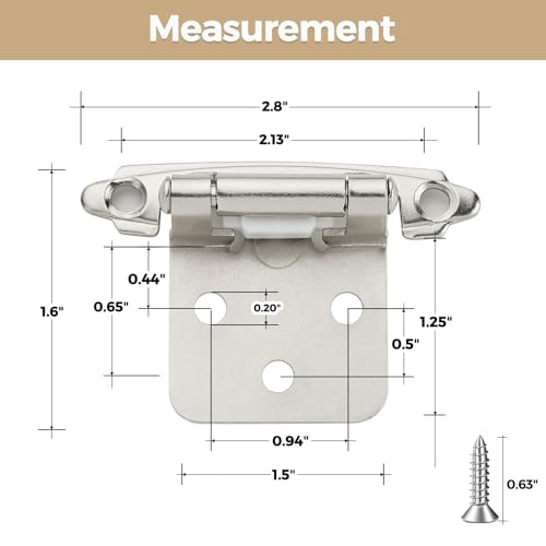 30 Pack 15 Pair Brushed Nickel Cabinet Hinges, 1/2" Overlay Kitchen Hinges - color: Satin Nickel, size: 1/2" Overlay