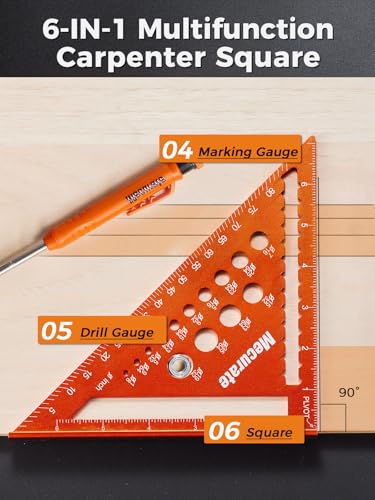 Mecurate 7-Inch Rafter Square with Drill Gauges & 2-in-1 Pencil - color: 7" Heavy-Duty Square with Pencil