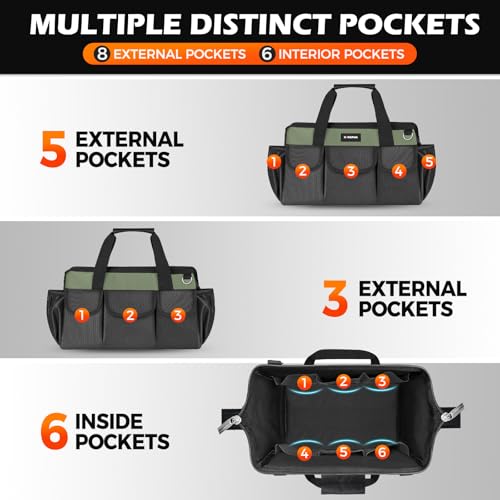Kingfun 16 Inch Heavy Duty Wide Mouth Tool Bag with 14 Pockets - color: Green