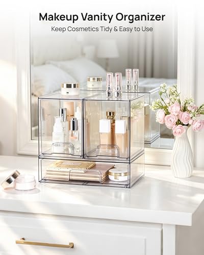 Vtopmart Clear Stackable Storage Drawers Set of 3, Plastic Organizer Bins - style: 2 High+1 Wide