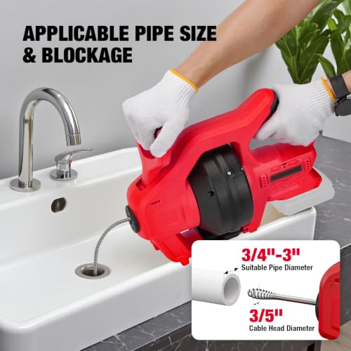 Cordless Electric Drain Auger Compatible with Milwaukee 18V Battery - color: Red