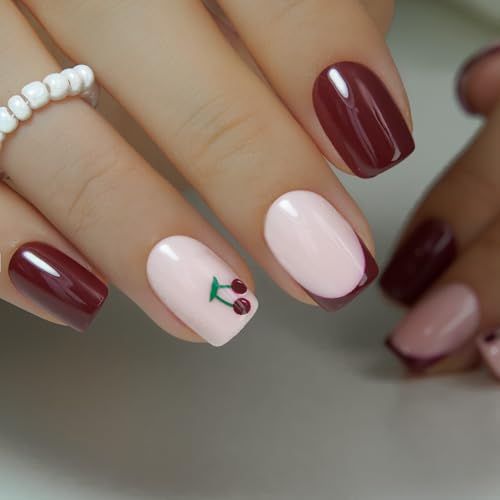 CurvLife Medium Square French Tip Press On Nails, Cherry Red, Soft Gel - color: Cherry Accent Solid French Manicure