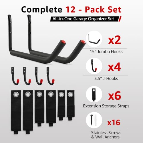 12-Piece Heavy Duty Garage Storage Hooks - 2x15” Jumbo Wall Hooks with Extended EVA Foam Padding (120 LB Capacity) + 4x3.5” Utility Hooks & 6 Storage Straps for Kayak, Paddleboard, Bike & Ladder
