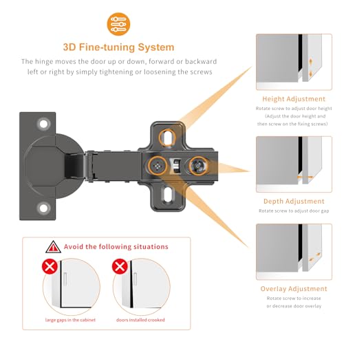 Chibery 20 PCS Half Overlay Soft Close Hinges, Clip ON Plate, 105 Degree, Silent Hydraulic, Self Closing, Black Frameless European Concealed Hinge for Kitchen Cabinet Door, Wardrobes, and Bookcases - color: Half Overlay, size: 20 Pack