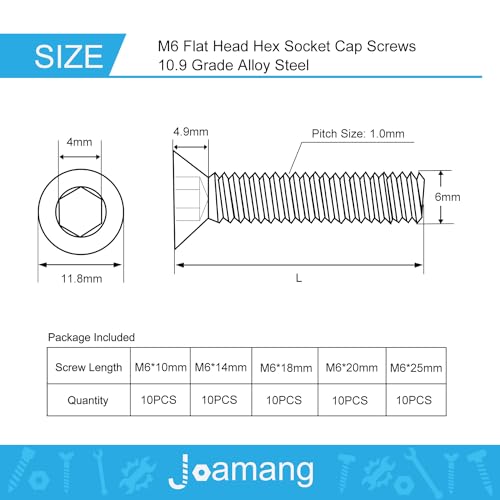 M6 x 10mm 14mm 18mm 20mm 25mm Flat Head Hex Socket Cap Screws Countersunk Bolts, 10.9 Grade Alloy Steel, Black Oxide Finish, Metric Allen Drive, Fully Threaded, Assortment Kit 50Pcs - size: M6 x10/14/18/20/25 mm