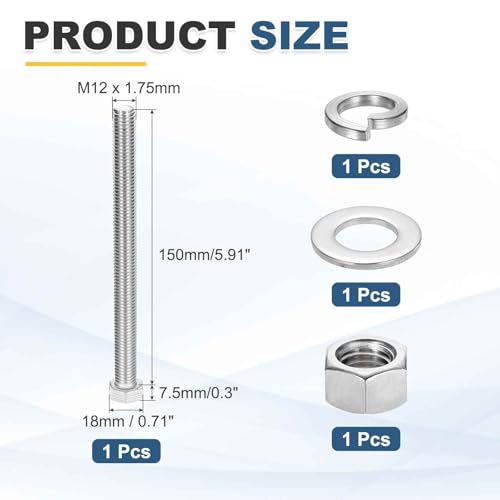 MECCANIXITY M12 x 150mm 304 Stainless Steel Hex Head Screws Bolts, Nuts, Flat & Lock Washers Assortment Kit, Fully Threaded, Bright Finish for Home, Electronic, Machine, 1 Sets - size: M12 x 150mm