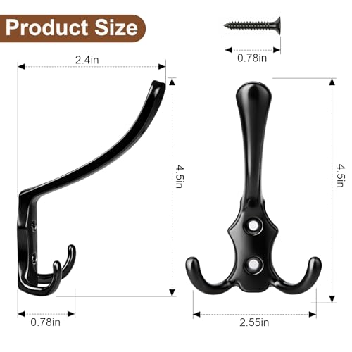 8 Pack Large Coat Hooks, Heavy Duty Three Prong Black Metal Wall Hooks - color: Black, size: 8PCS