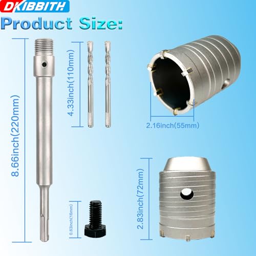 2-1/8" Concrete Hole Saw, 55mm Tungsten Steel Core Bit for Cinder Block, Brick, Rock, Plank Walls for Pipes or mini Split Lines, with SDS Plus Shank and 2 Center Positioning Drill Bits. - size: 2-1/8"