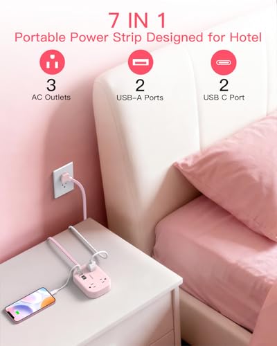 Cruise Essentials 2026, Travel Power Strip with USB C,Flat Plug, Pink - color: Pink, size: 10Ft