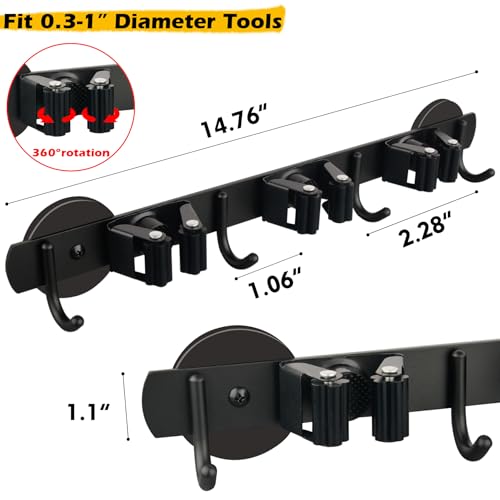 MUTUACTOR Heavy Duty Magnetic Broom Holder, 1PCS Mounting Broom and Mop Hanger, Anti-slip Black Magnetic Tool Holder 3 Slots and 4 Hooks for Fridge, Metal Door, Garage, Work Station - style: Heavy Duty,Black,3 Hooks 4 Slots