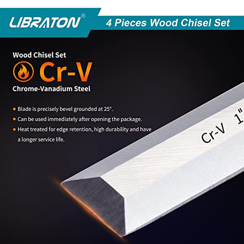 LIBRATON Chisel Set, Wood Chisel Set, Wood Chisel Tool Set for Woodworking | Wood Chisels, Chrome Vanadium Steel Chisel with Storage Pouch, 1/4"(6mm), 1/2"(13mm), 3/4"(19mm), 1"(25mm)