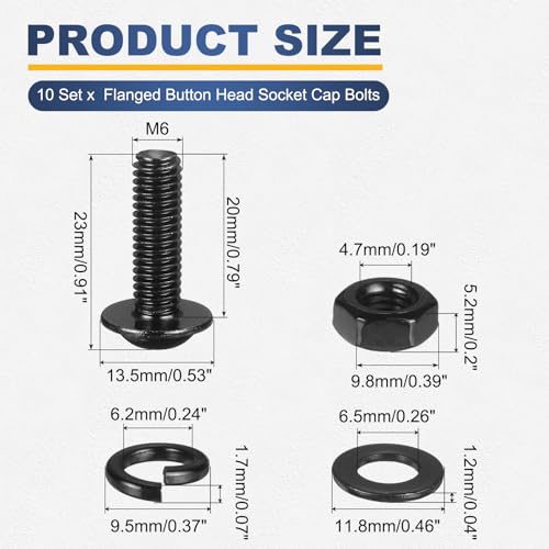 M METERXITY 10 Set M6 x 20mm Flanged Button Head Socket Cap Screws, Black 304 Stainless Steel 18-8 Hex Socket Head Screws Bolts, Nuts, Flat & Lock Washers for DIY, Furniture, Automotive - size: M6 x 20mm