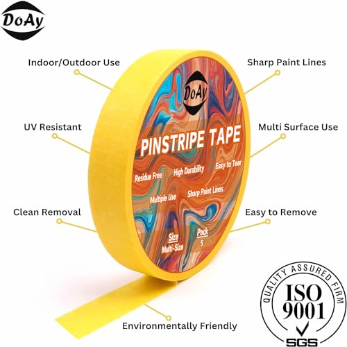 5 Rolls Pinstripe Tape - Masking Tape 1/16", 1/8", 1/4", 1/2", 3/4" - Thin Painters Masking Automotive Tape for DIY, Car, Auto, Paint, Art, Tumblers (Yellow) - color: Yellow