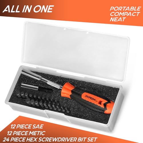 TEKPREM 20-Piece Metric & SAE Hex Bit Set with Magnetic 1/4" Screwdriver Bit Driver, Allen Wrench Drill Bits, Rubber Strip, and Storage Box