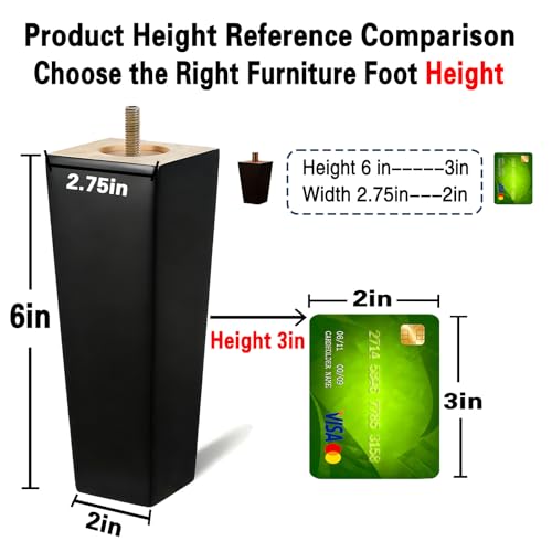 SHANJUE Black Sofa Legs-Furniture Legs 6 inch,Square Couch Legs Pack of 4- Wood Furniture feet,Sofa Replacement Parts,for Dresser, Sideboard, Recliner, Coffee Table - size: 6 inch