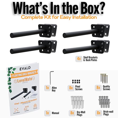 EVALD LevelMate™ Uni-Mount 4 Inch Floating Shelf Brackets, Hidden Shelf Brackets with Anti-Sag Pinol Screw System, Floating Shelf Mount with Screws & Anchors (4 Pack) - size: 4 Inch, style: 4 Pack Uni-mount