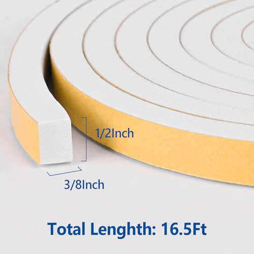 Self-Adhesive High Density Foam Insulation Strips - 1/2in x 3/8in x 16.5Ft Weatherstrip with Strong Adhesive for Door and Window Soundproofing - size: 1/2in x 3/8in x 16.5Ft