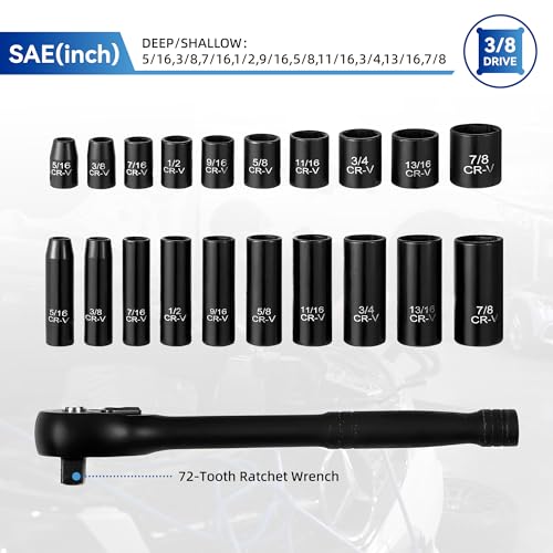 Reniteco 21-Piece 3/8" Drive Socket Set, SAE 5/16"-7/8", 72-Tooth Cr-V - size: 3/8"-21 PCS
