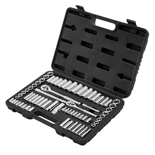 VEVOR Socket Set, 69 Pieces, 3/8 & 1/4 inch Drive Socket and Ratchet Set, SAE and Metric, Deep and Standard, Mechanic Tool Kit with Accessories and Storage Case, CR-V Alloy Steel, for Auto Repair - size: 69-PCS, style: 69 PCS