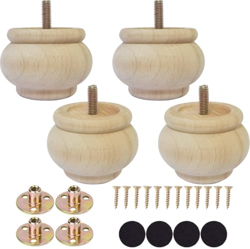 2 Inch Wooden Furniture Legs, Solid Wood Unpainted Replacement Furniture Legs, Ottoman/Loveseat Replacement Legs, Cabinet Legs/Desk/Sofa/Bookcase Round Bun Feet Set of 4 (2 Inch) - size: 2 Inch A
