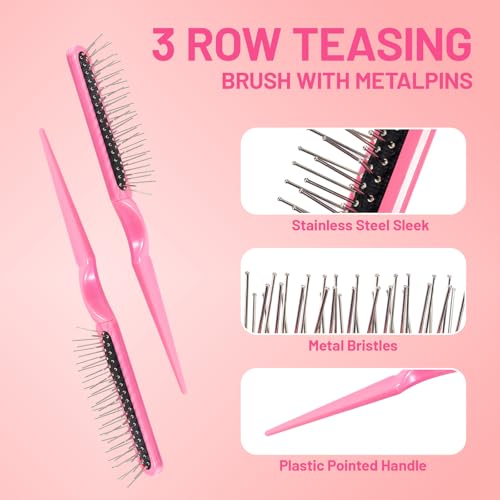 SIMPOR 3 PCS Wig Brush Comb Set, Hair Wig Comb Set for Synthetic, Professional Extension Loop Brush 3 Row Wire Brushes for Human and Synthetic Hair - color: Pink