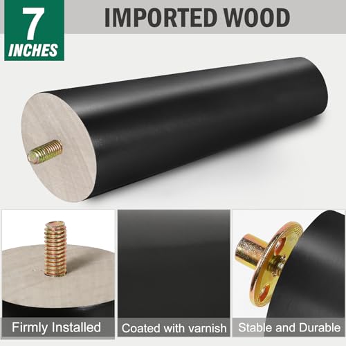 FoDau770 Rubber Wood Legs 7", Slant Taper, 5/16"-18 Thread, Black, 4pcs | Wood Couch legs - Mid Century Sofa Legs - Furniture legs Replacement for Cabinet Dresser Chair Ottoman - color: Black, size: 7 Inch - Slanted (80°)