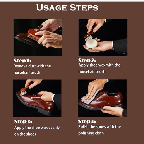 shoe care kit horsehair brush,long-handled round brush,white & black polish,polishing cloth,shoe horn,storage box. - color: Browm+black