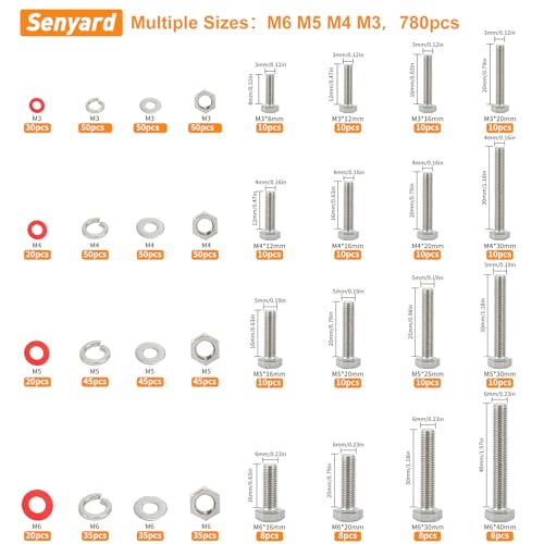 780pcs Hex Bolts and Nuts kit, 304 Stainless Steel M6 M5 M4 M3 Metric Bolt Assortment (Lock & Flat Washers), Stainless Steel Bolts and Nuts kit, Metric Screw Assortment - size: M6 M5 M4 M3