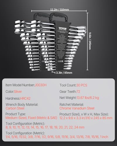 VEVOR Ratcheting Wrench Set, 30-Piece Combination Wrench Set, 72 Teeth - color: Silver 30pcs, size: Metric&SAE