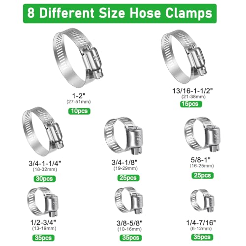210pcs Stainless Steel Worm Gear Hose Clamps with Size 1/4"-2"(6-51mm) - size: 210pcs