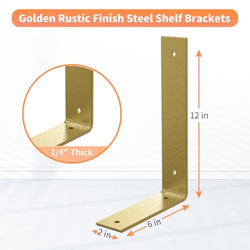 Gold Heavy Duty Shelf Brackets 12 Inch, Extra Thick L Shelving Brackets, Rustic Gold Iron Floating Shelves Wall Mounted with Hardware for DIY Open Shelving, 4 Pack - color: Gold, size: 12 Inch