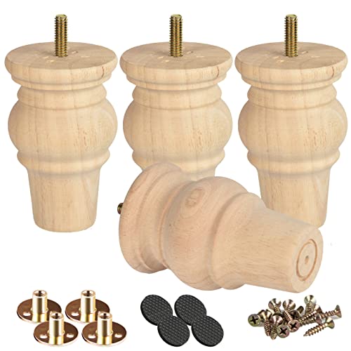 4" Solid Wood Bun Furniture Legs, 4Pcs with 5/16" Bolts, Unfinished - color: Unfinished