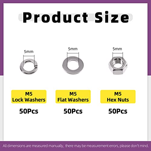Swpeet 150Pcs Metric 304 Stainless Steel M5 Hex Nuts and M5 Flat Washers with Split Lock Washers Assortment Kit, Coarse Thread Hexagon Nut for Home Automotive Shop Use - size: M5 Hex Nuts & Washers