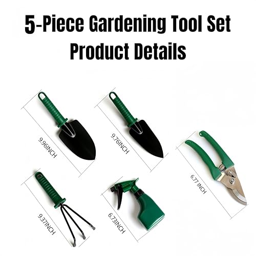 5-Piece Garden Tool Kit with Storage Case, Heavy Duty Gardening Tools Including Shovel, Trowel, Cultivator Rake, Pruners and Spray Bottle for Bonsai, Weeding and Yard Maintenance(Green-5) - color: Green-5