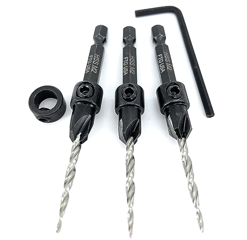 FTG USA #6 (9/64") Wood Countersink Drill Bit 3-Pc Set with 3/8" Depth Stop - size: #6, style: 3 Pc with Depth Stop