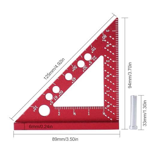 Carpenter Square, Small Triangle Square, 90 Degree Small Square Ruler, Woodworking Measuring Tool with Fixed Miter Angle Pin (Red) - color: Red-Small