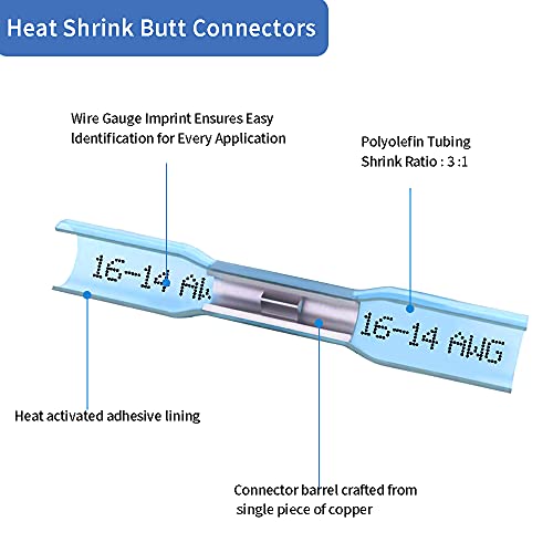 1000 Pcs Heat Shrink Butt Connectors, 16-14 AWG Waterproof Electrical Crimp Wire Splice for Marine, Cable, Wiring - size: 16-14 AWG (Blue)