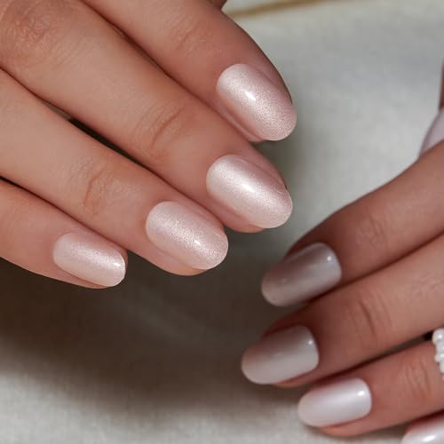 CurvLife Short Oval Shimmer Press On Nails, Moonlight Pearl White, Soft Gel - color: B9 - Milky Pearl White