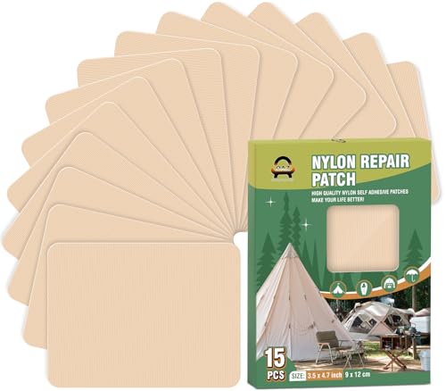 OAZ 15 Pieces 3.5 x 4.7 inch Nylon Repair Patches Nylon Fabric Patch Self-Adhesive Tent Repair Tape Waterproof Lightweight Repair Patches Repair Patch Kit for Clothing Down Jacket Bag (Beige) - color: Beige, size: 3.5" x 4.7"