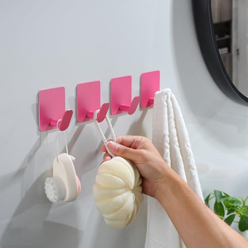DELITON 4 Pack Hooks for Wall - Cute Kids Wall Hook Adhesive Coat Robe Towel Hooks for Bathrooms Kitchen Heavy Duty Stainless Steel, Pink - color: Pink