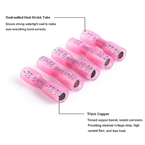 200PCS Heat Shrink Bullet Connectors, Bullet Terminals, Female and Male Crimp Connectors for Watercraft, Electronics, Automotive AWG22-18-Pink - color: Pink AWG22-18