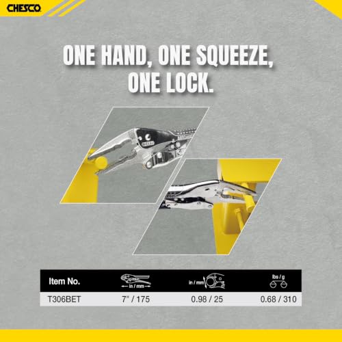 CHESCO 7" Long Nose 4th Gen Self-Adjusting Locking Pliers, One-Hand Auto-Lock Design, Heavy-Duty Cr-V Steel Professional Hand Tool for Automotive, Plumbing & DIY - size: 7 Inch
