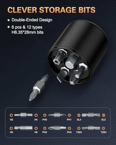 Bomivoi Electric Screwdriver, Rechargeable Cordless Power Screwdriver, 3 Torque Settings, Max 5 N.m, 1/4'' 6 Double-Ended Bits, 1500mAh Battery, LED Lights, Repair Tool for DIY Furniture Electronics